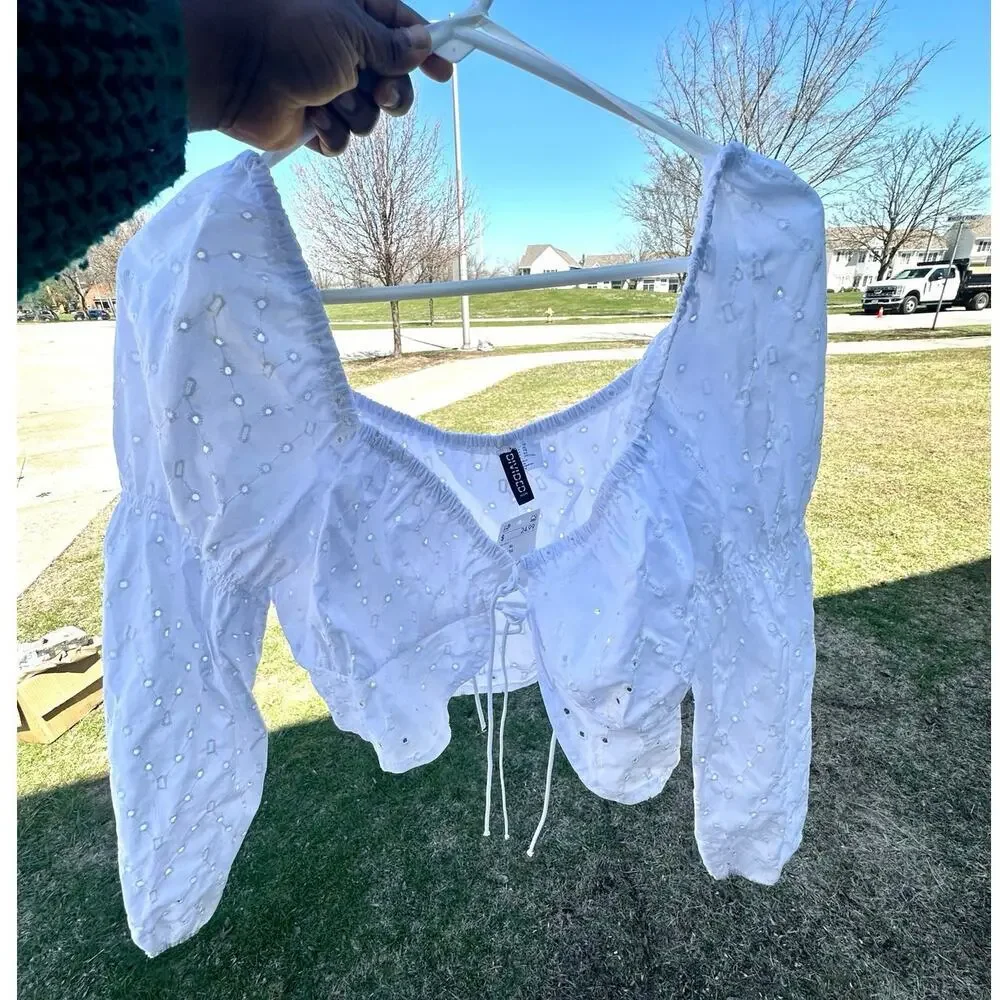 H&M Divided White Eyelet Tie Front Long Sleeve Balloon Top Size XL Blouse - Picture 7 of 10